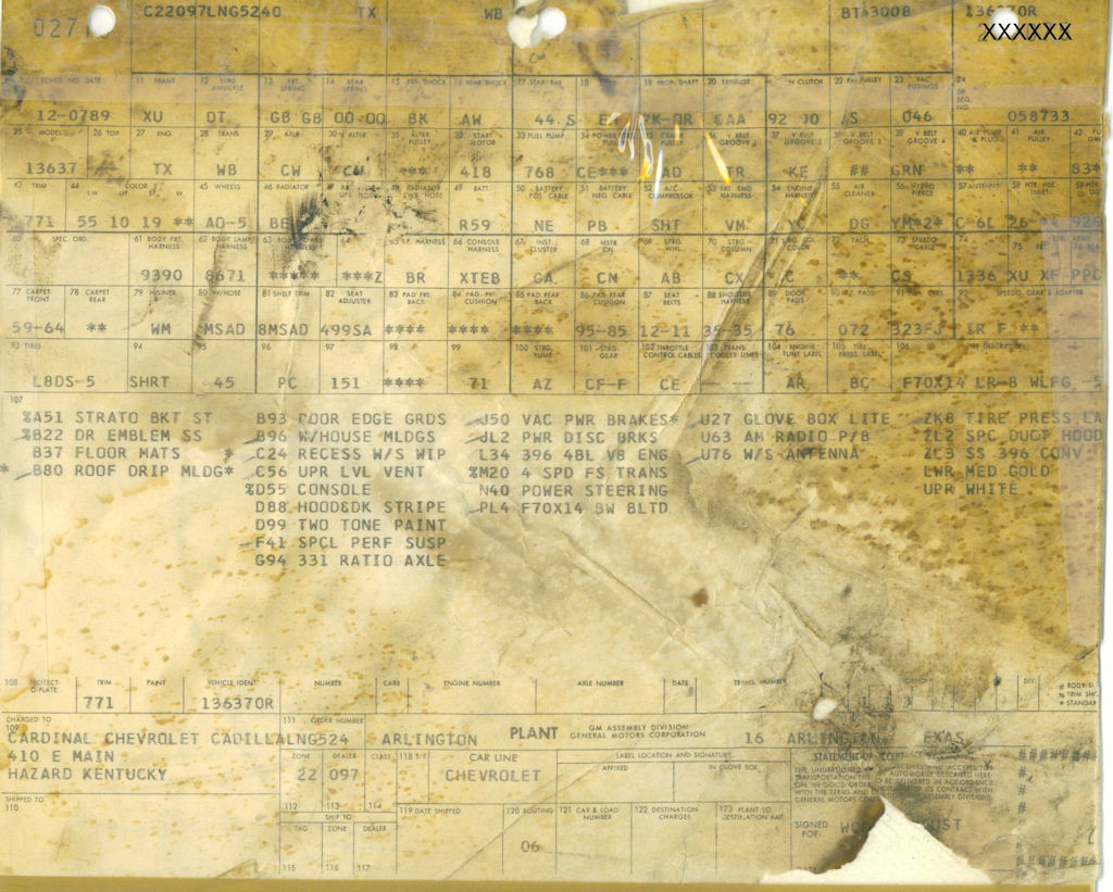 1970 Chevelle Build Sheet