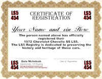 1972 LS5 Chevelle Registry Certificate